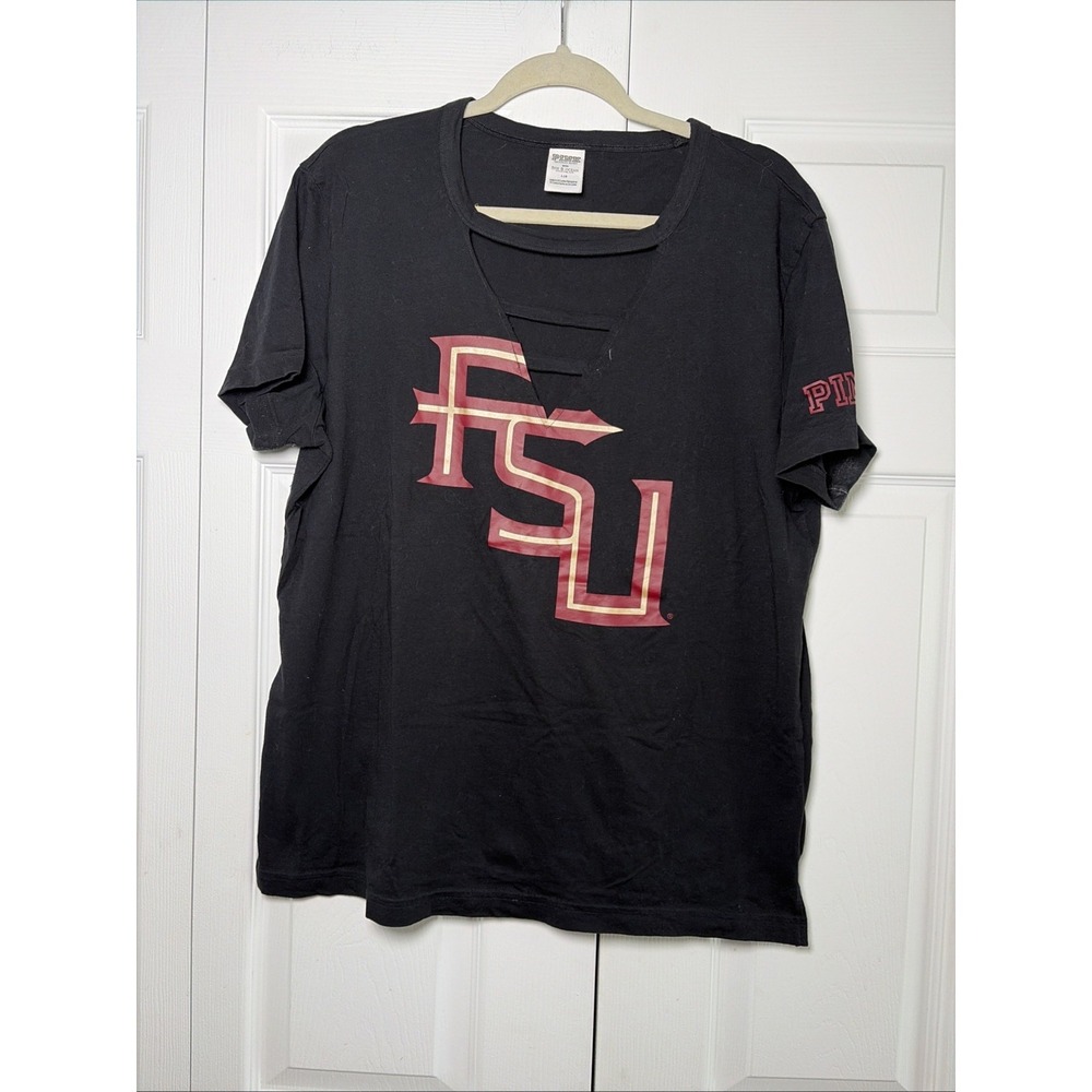 PINK Victoria's Secret FSU Caged V-Neck T-Shirt Size L Black Seminoles NCAA Game